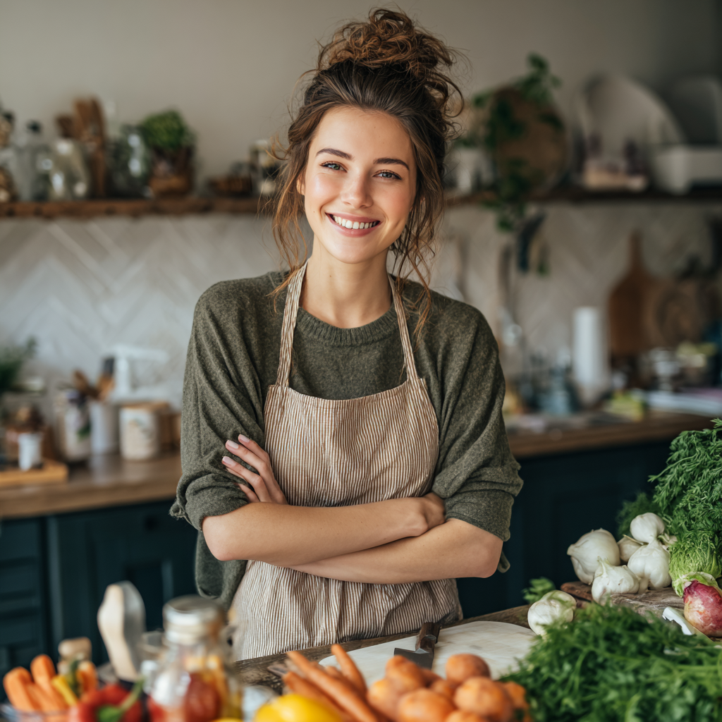 Smiling nutritionist in her 30s with blonde hair wearing a white lab coat, holding a tablet and discussing healthy meal plans with a client in a modern office setting