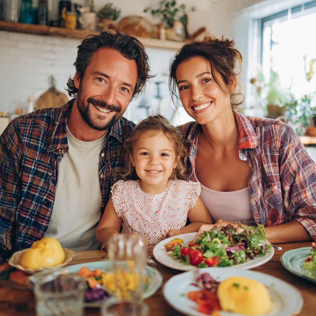 Team of three nutritionists in their 30s, two women and one man, all smiling warmly while standing together in a modern nutrition clinic, wearing professional attire