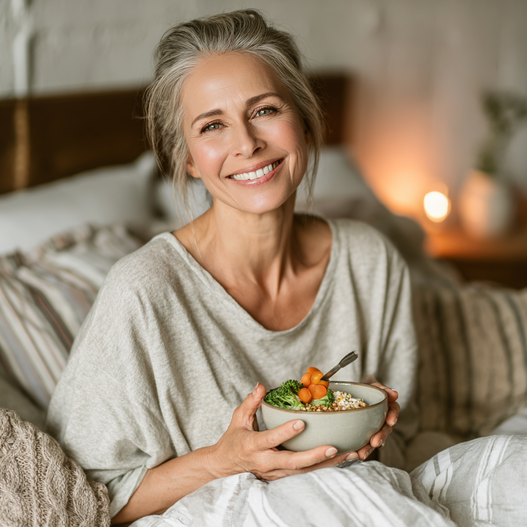 Cheerful female nutritionist in her 40s with brown hair, wearing a white coat, standing in a modern nutrition consultation room with colorful healthy food charts on the wall